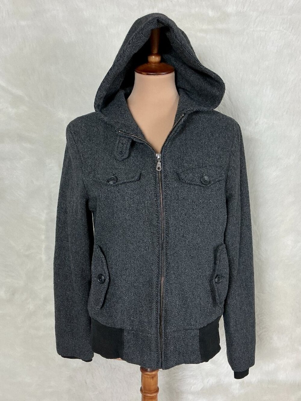 Bridge & Burn Gray Black Wool Blend Tweed Plaid Lined Hooded Full Zip Jacket L